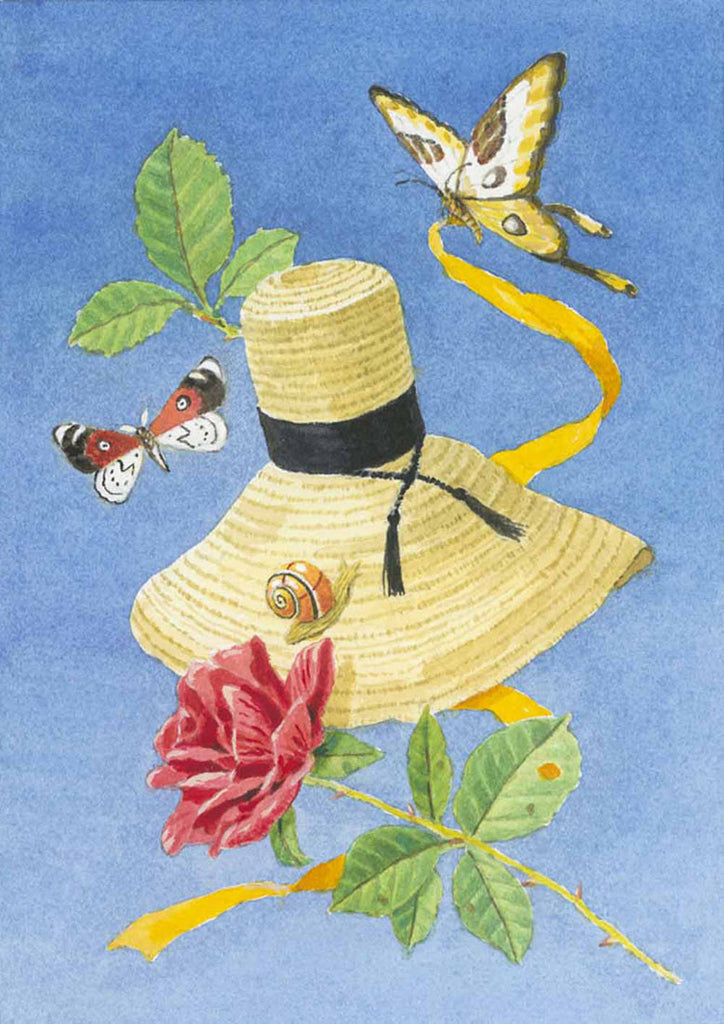 giclee print by Harrison Howard straw hat with butterflies, rose, and ribbon