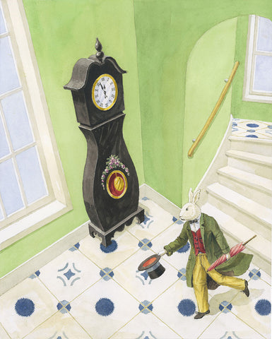 giclee print by Harrison Howard rabbit running down the stairs past a grandfather clock