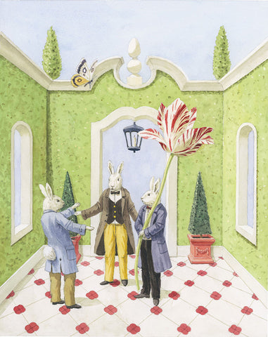 giclee print by Harrison Howard three rabbits with topiary & tulip